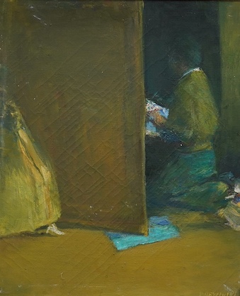 Morvelviri, oil on canvas, Interior with seated figure, Polish label verso, 54 x 45cm. Condition - fair